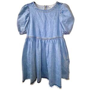 Boho Chic Denim Babydoll Dress Coastal Fringe Hem Open Back Lolita Women Medium